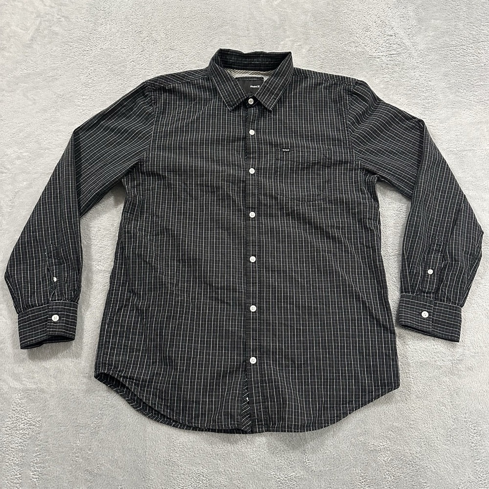 Hurley Long Sleeve Button Shirt Men L Black Plaid Preppy Casual